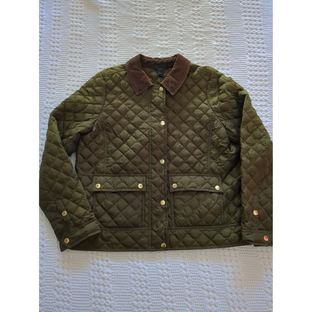 J Crew Tack Jacket Quilted Down Full Zip Snap Corduroy Collar Green Size Large